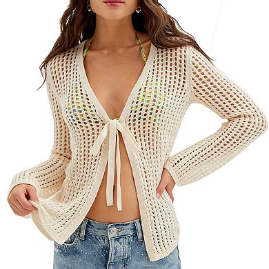 Women's Crochet Open Front Cardigan - Tie-Front Sheer Long Sleeve Beach Cover Up Casual Top