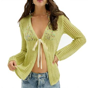 Women's Crochet Open Front Cardigan - Tie-Front Sheer Long Sleeve Beach Cover Up Casual Top