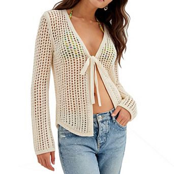 Women's Crochet Open Front Cardigan - Tie-Front Sheer Long Sleeve Beach Cover Up Casual Top