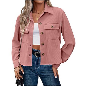 Womens Cropped Corduroy Shackets Button Down Jackets Tops Fall Trendy Lightweight Long Sleeve Shirts