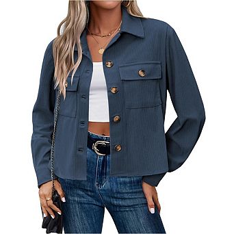 Womens Cropped Corduroy Shackets Button Down Jackets Tops Fall Trendy Lightweight Long Sleeve Shirts