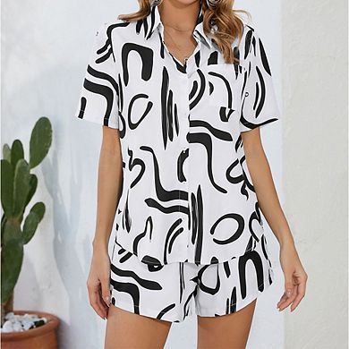 Women's Printed Two-Piece Sets Short Sleeve Shirt Shorts Casual Set