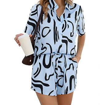 Women's Printed Two-Piece Sets Short Sleeve Shirt Shorts Casual Set