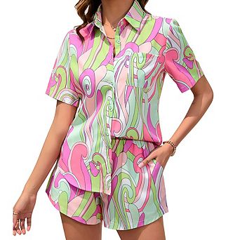 Women's Printed Two-Piece Sets Short Sleeve Shirt Shorts Casual Set