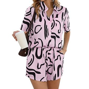 Women's Printed Two-Piece Sets Short Sleeve Shirt Shorts Casual Set