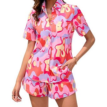 Women's Printed Two-Piece Sets Short Sleeve Shirt Shorts Casual Set
