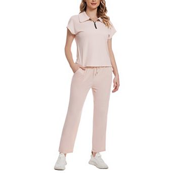 Women's Rib Knit Two Piece Sets Short Sleeve Polo Neck Top Shirt Wide Leg Pants Casual Loungewear