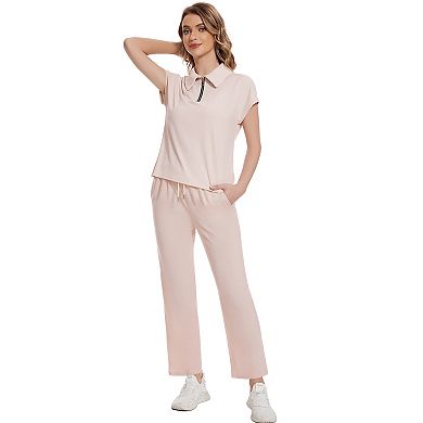 Women's Rib Knit Two Piece Sets Short Sleeve Polo Neck Top Shirt Wide Leg Pants Casual Loungewear