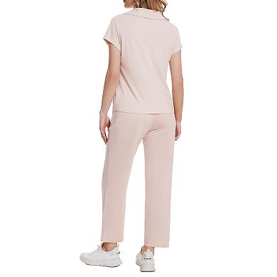 Women's Rib Knit Two Piece Sets Short Sleeve Polo Neck Top Shirt Wide Leg Pants Casual Loungewear