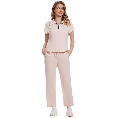 Women's Rib Knit Two Piece Sets Short Sleeve Polo Neck Top Shirt Wide Leg Pants Casual Loungewear