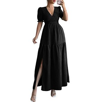 Womens Casual Midi Dress V Neck Wrap Lightweight Short Sleeve Elastic Dresss Side Slit Beach Clothes