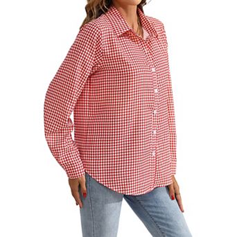 Women's Button Down Collared T-Shirt Long Sleeve Loose Fit Blouse for Casual Daily Wear
