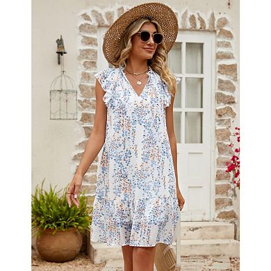 Women's Babydoll Mini Dress V Neck Flutter Sleeve Boho Floral Flowy Shift Short Dress