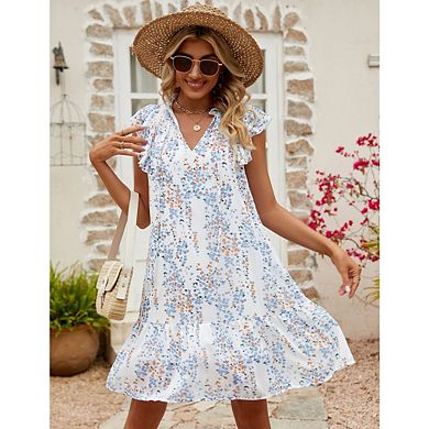 Women's Babydoll Mini Dress V Neck Flutter Sleeve Boho Floral Flowy Shift Short Dress