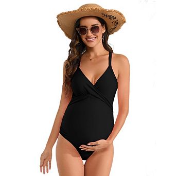 Womens Maternity One Piece Swimsuits Pregnancy Ruched Criss Cross Bathing Suits V Neck Swimwear