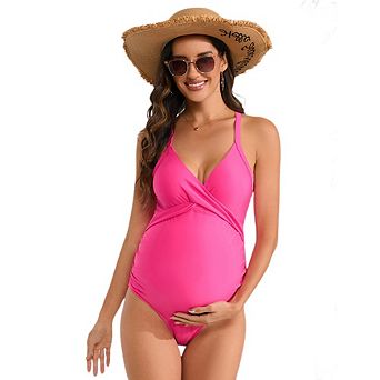 Womens Maternity One Piece Swimsuits Pregnancy Ruched Criss Cross Bathing Suits V Neck Swimwear