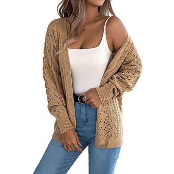 Womens Open Front Long Crochet Cardigan Sweater Boho Hollow Out Solid Color Oversized Outwear
