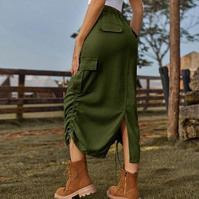 Women Cargo Skirt Casual High Waisted Ruched Drawstring Slit Fall Long Skirt with Pocket