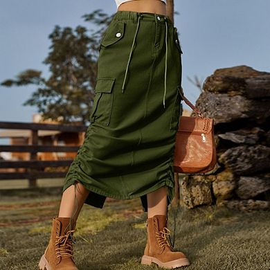 Women Cargo Skirt Casual High Waisted Ruched Drawstring Slit Fall Long Skirt with Pocket