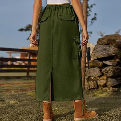 Women Cargo Skirt Casual High Waisted Ruched Drawstring Slit Fall Long Skirt with Pocket