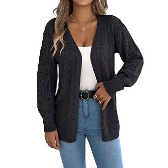 Womens Open Front Long Crochet Cardigan Sweater Boho Hollow Out Solid Color Oversized Outwear