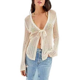Women's Long Sleeve Cover Up Tie Front Hollow Out Boho Knit Cardigan Crop Tops Summer Beach Vacation