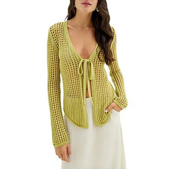 Women's Long Sleeve Cover Up Tie Front Hollow Out Boho Knit Cardigan Crop Tops Summer Beach Vacation