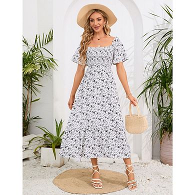 Women's Floral Dresses Short Sleeve Square Neck Boho Casual Dress