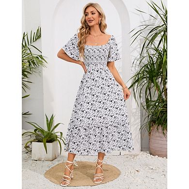 Women's Floral Dresses Short Sleeve Square Neck Boho Casual Dress