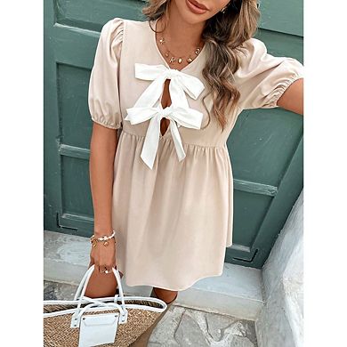 Women's Bow Puff Short Sleeve Dress Tie Front A Line Babydoll Dresses