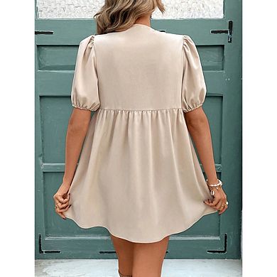 Women's Bow Puff Short Sleeve Dress Tie Front A Line Babydoll Dresses