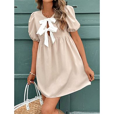Women's Bow Puff Short Sleeve Dress Tie Front A Line Babydoll Dresses