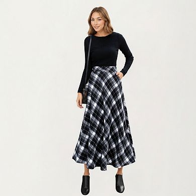 Women’s Plaid Maxi Skirt with Soft Flowing Drape and Comfortable Stretch Waistband Detail
