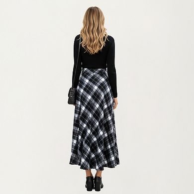 Women’s Plaid Maxi Skirt with Soft Flowing Drape and Comfortable Stretch Waistband Detail