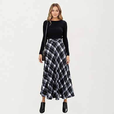 Women’s Plaid Maxi Skirt with Soft Flowing Drape and Comfortable Stretch Waistband Detail