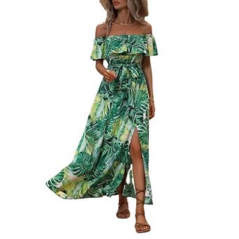 Womens Boho Midi Dresses Off Shoulder Side Slit Beach Vacation Casual Hawaiian Resort Clothes