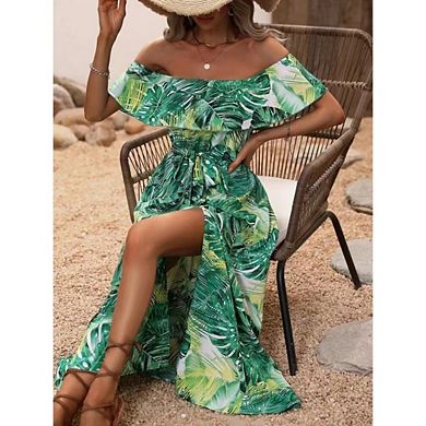 Womens Boho Midi Dresses Off Shoulder Side Slit Beach Vacation Casual Hawaiian Resort Clothes
