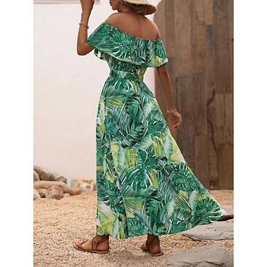 Womens Boho Midi Dresses Off Shoulder Side Slit Beach Vacation Casual Hawaiian Resort Clothes