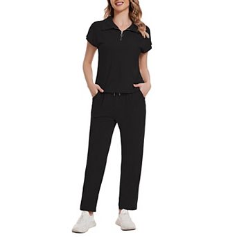 Women's Rib Knit Two Piece Sets Short Sleeve Polo Neck Top Shirt Wide Leg Pants Casual Loungewear