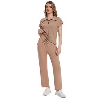 Women's Rib Knit Two Piece Sets Short Sleeve Polo Neck Top Shirt Wide Leg Pants Casual Loungewear