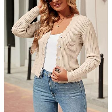 Womens Plus Size Fall Rib Knit Sweater Cardigan Long Sleeve Scalloped Edge Button Casual Cropped Top