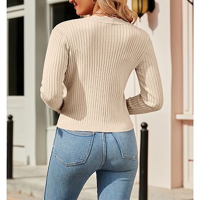Womens Plus Size Fall Rib Knit Sweater Cardigan Long Sleeve Scalloped Edge Button Casual Cropped Top