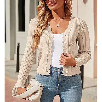 Womens Plus Size Fall Rib Knit Sweater Cardigan Long Sleeve Scalloped Edge Button Casual Cropped Top