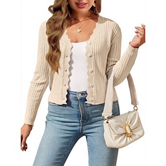 Womens Plus Size Fall Rib Knit Sweater Cardigan Long Sleeve Scalloped Edge Button Casual Cropped Top