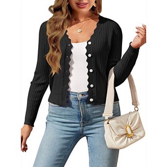 Womens Plus Size Fall Rib Knit Sweater Cardigan Long Sleeve Scalloped Edge Button Casual Cropped Top