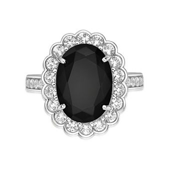 Gemminded Rhodium Over Sterling Silver Onyx & White Topaz Ring