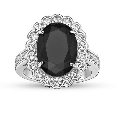 Gemminded Rhodium Over Sterling Silver Onyx & White Topaz Ring