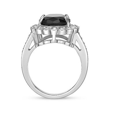 Gemminded Rhodium Over Sterling Silver Onyx & White Topaz Ring
