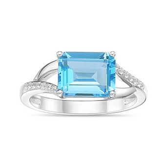 Gemminded Rhodium Over Sterling Silver Blue Topaz Ring with Diamond Accents