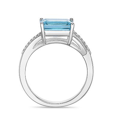 Gemminded Rhodium Over Sterling Silver Blue Topaz Ring with Diamond Accents